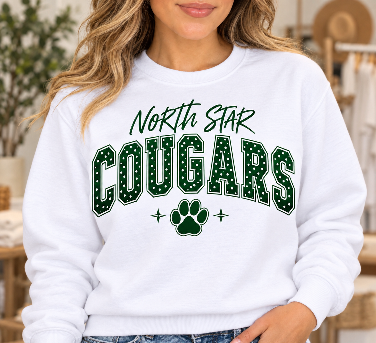 North Star Cougars Polka Dot White Crewneck
