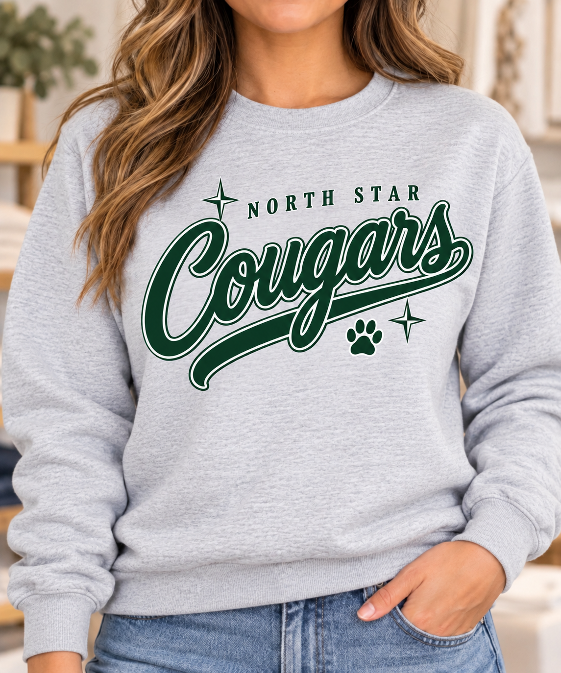 North Star Cougars Script Ash Gray Crewneck