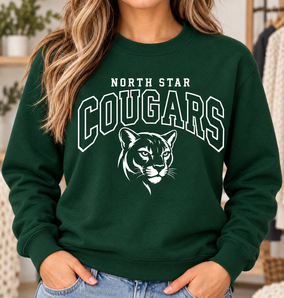 North Star Cougars Varsity Cougar Forest Green Crewneck