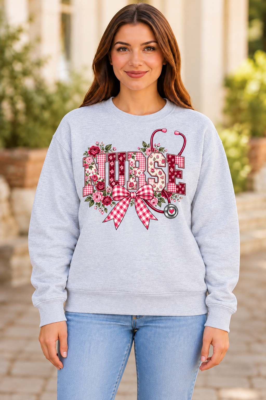 Nurse Rose Gingham sport gray crewneck