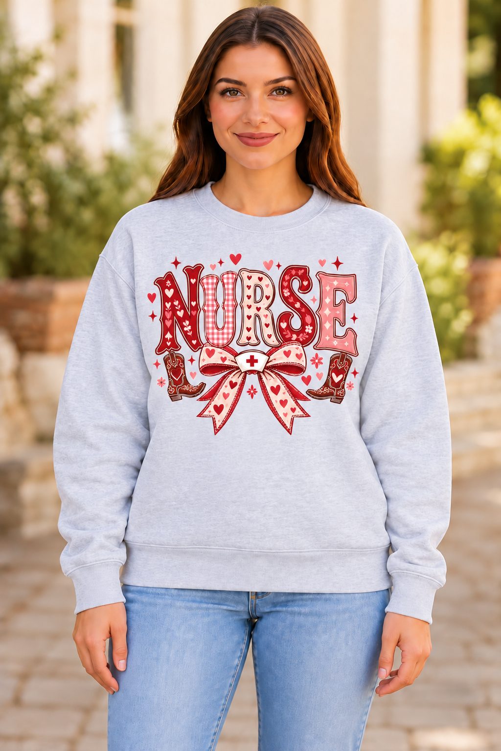 Nurse Western Hearts sport gray crewneck