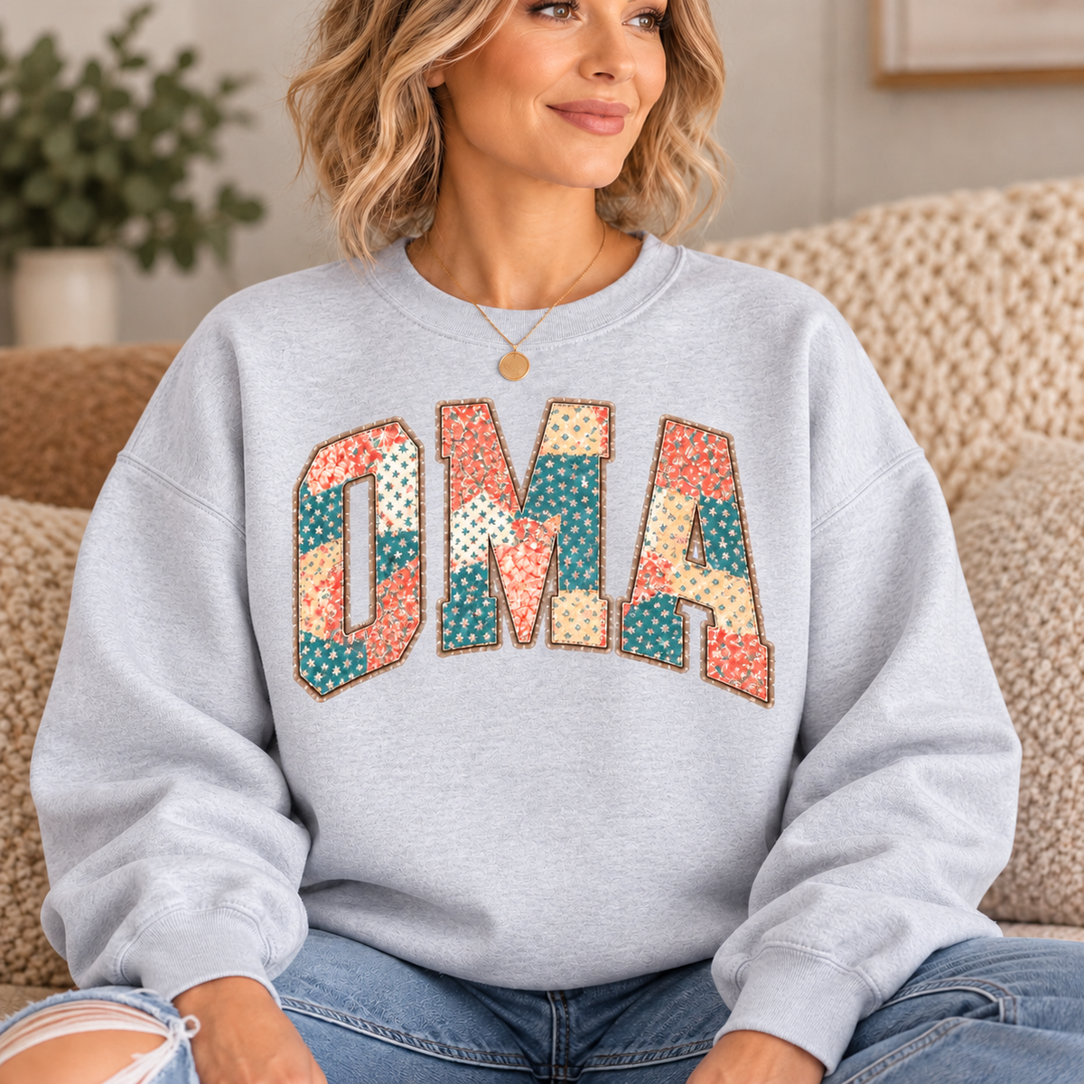 OMA Ash Floral Patchwork Crewneck