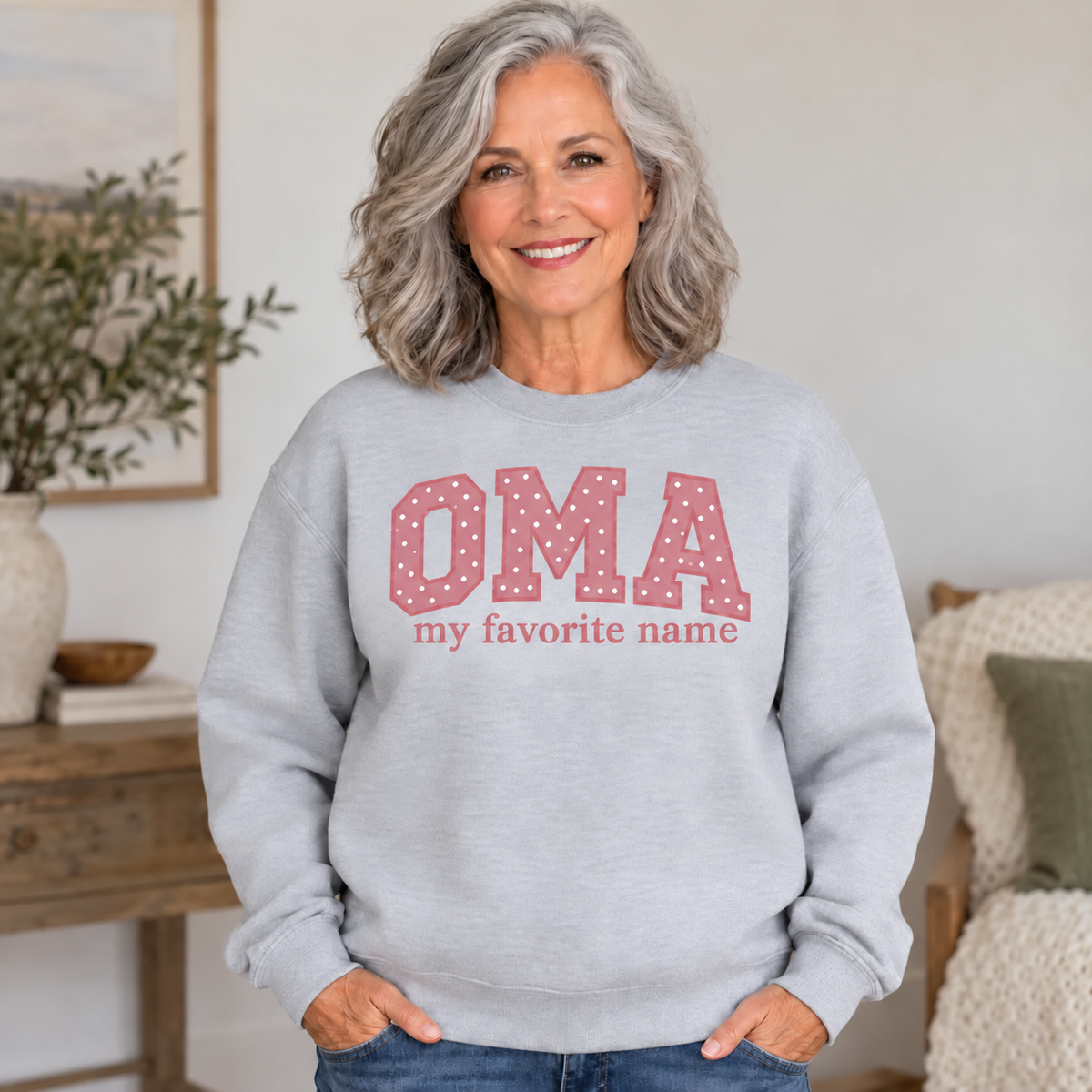 OMA Ash My Favorite Name Crewneck on older woman