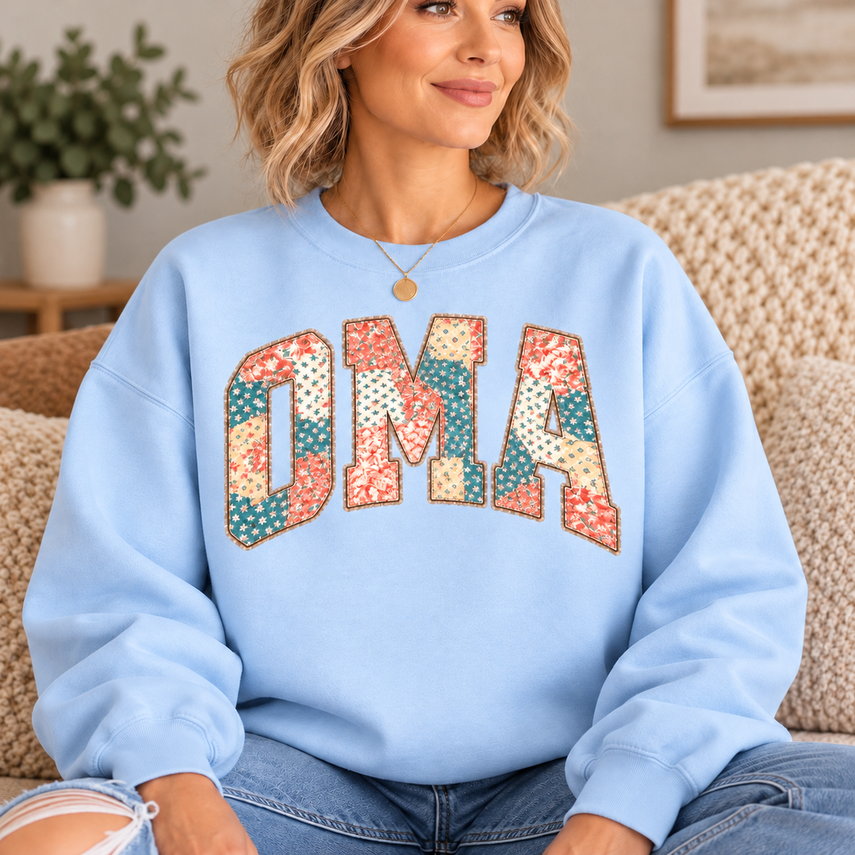 OMA Light Blue Floral Patchwork Crewneck