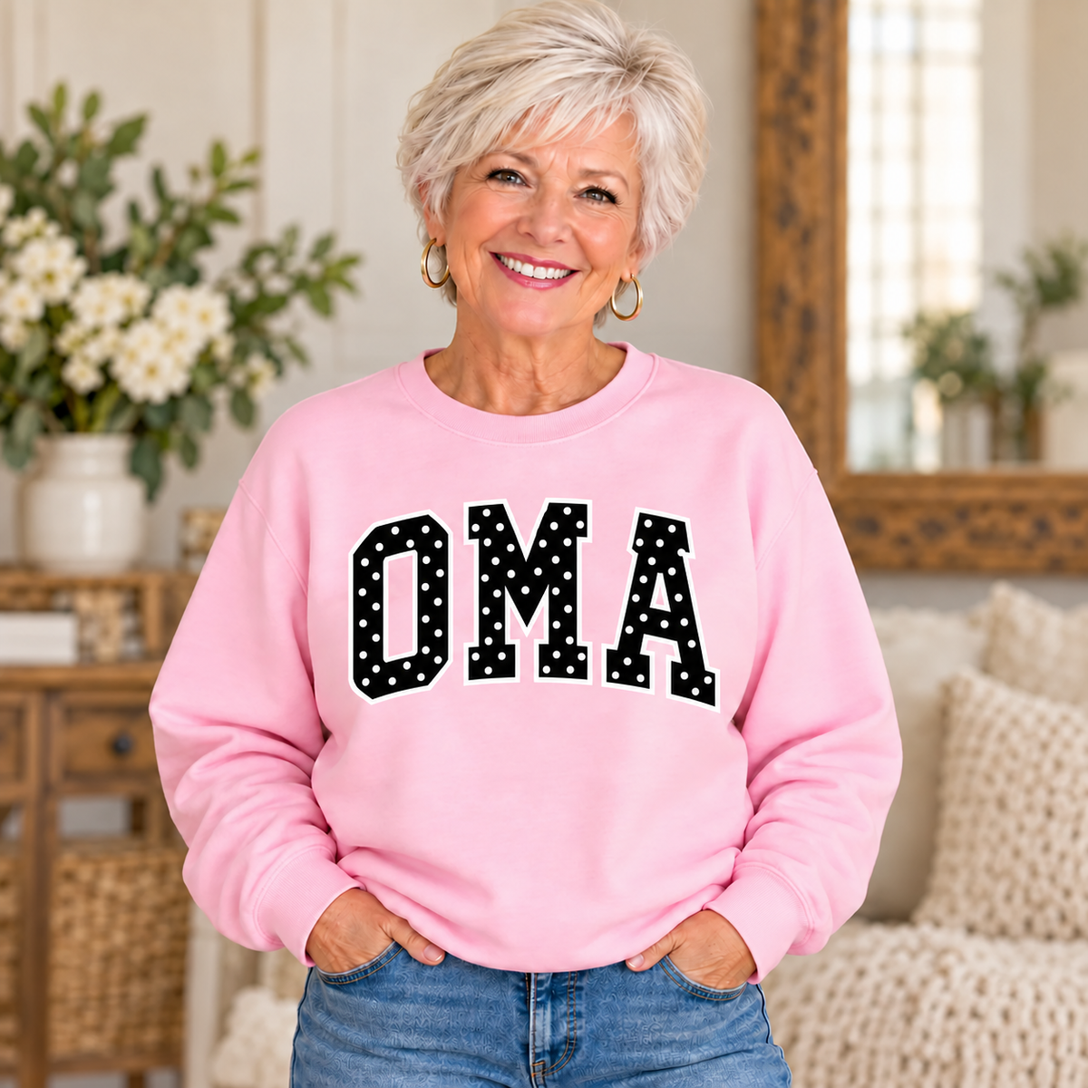 OMA Pink Polka Dot Crewneck on older woman