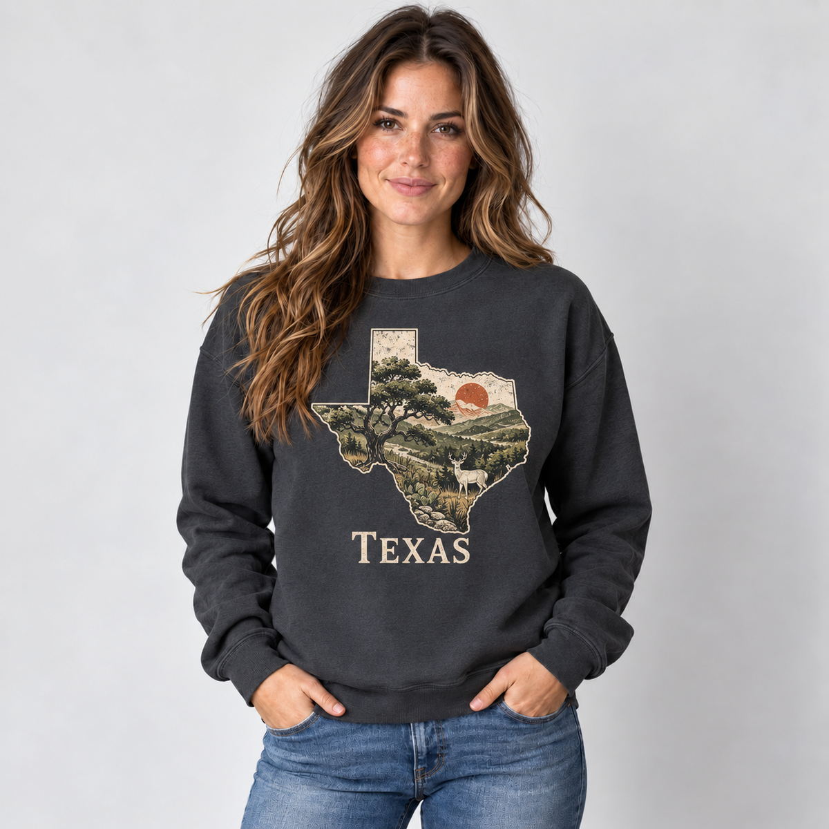 Texas outdoor heritage design on a charcoal crewneck