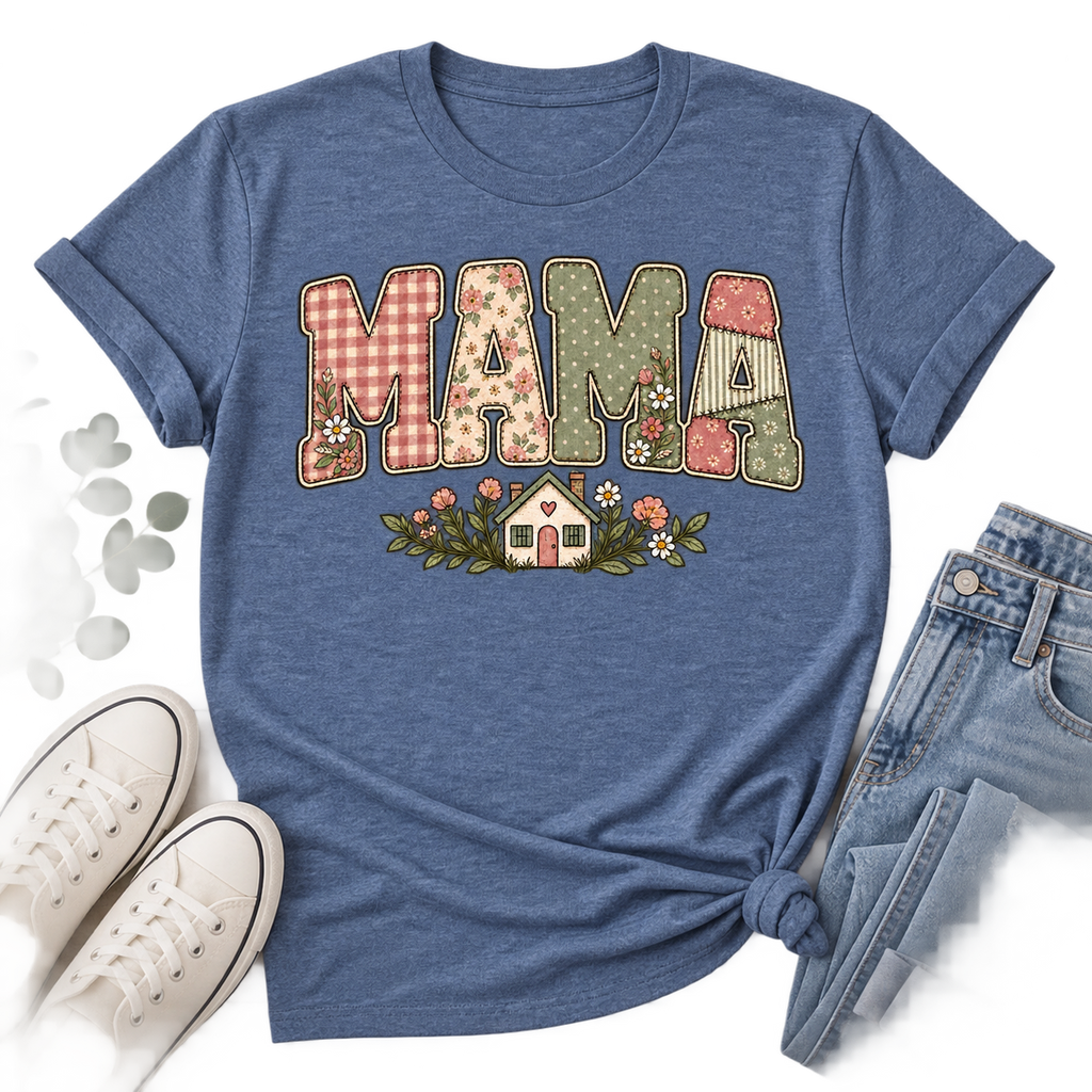 Heather Indigo patchwork MAMA house tee flat lay