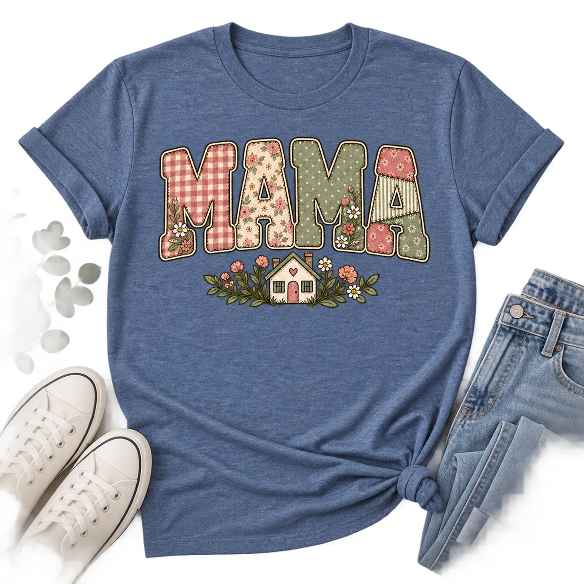Heather Indigo patchwork MAMA house tee flat lay