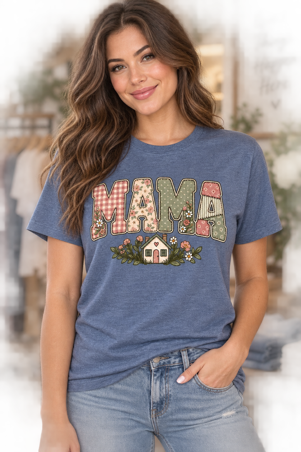Woman wearing Heather Indigo patchwork MAMA house tee