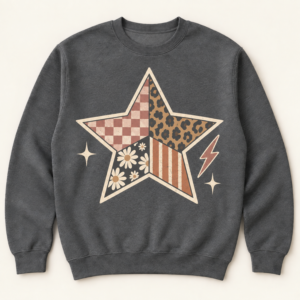 Graphite Heather crewneck with patchwork star graphic