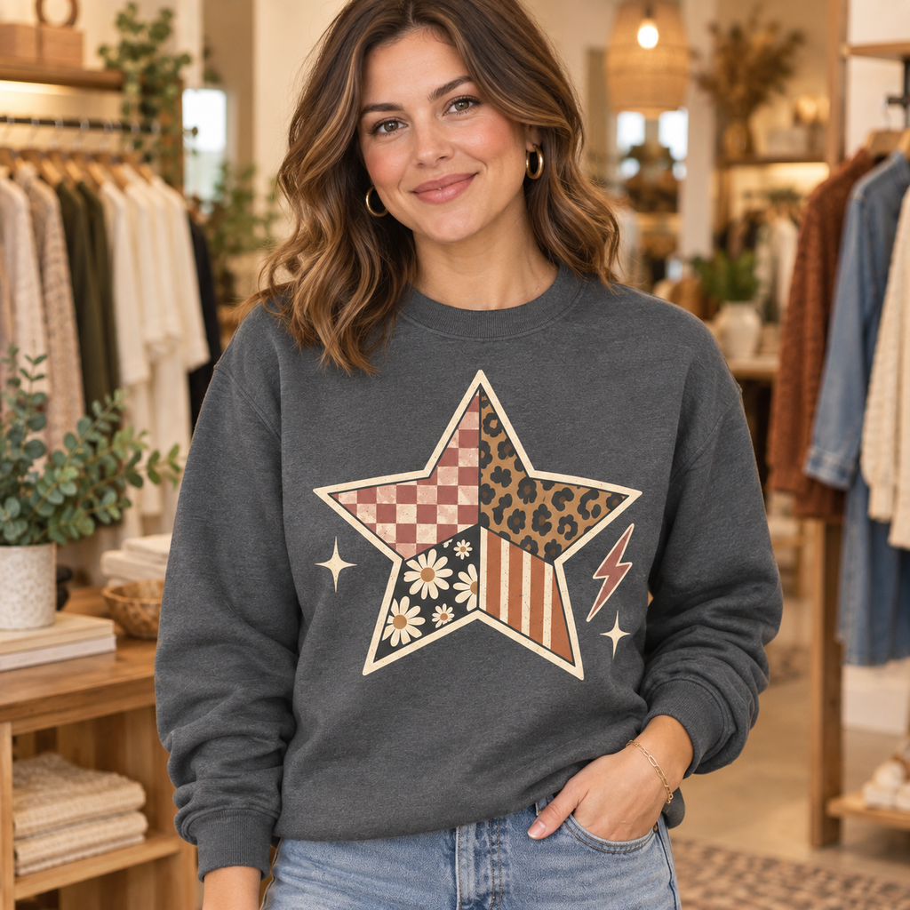 Woman wearing Graphite Heather patchwork star crewneck