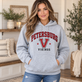 Petersburg Vikings Vintage Varsity Hoodie in Sport Gray on woman model
