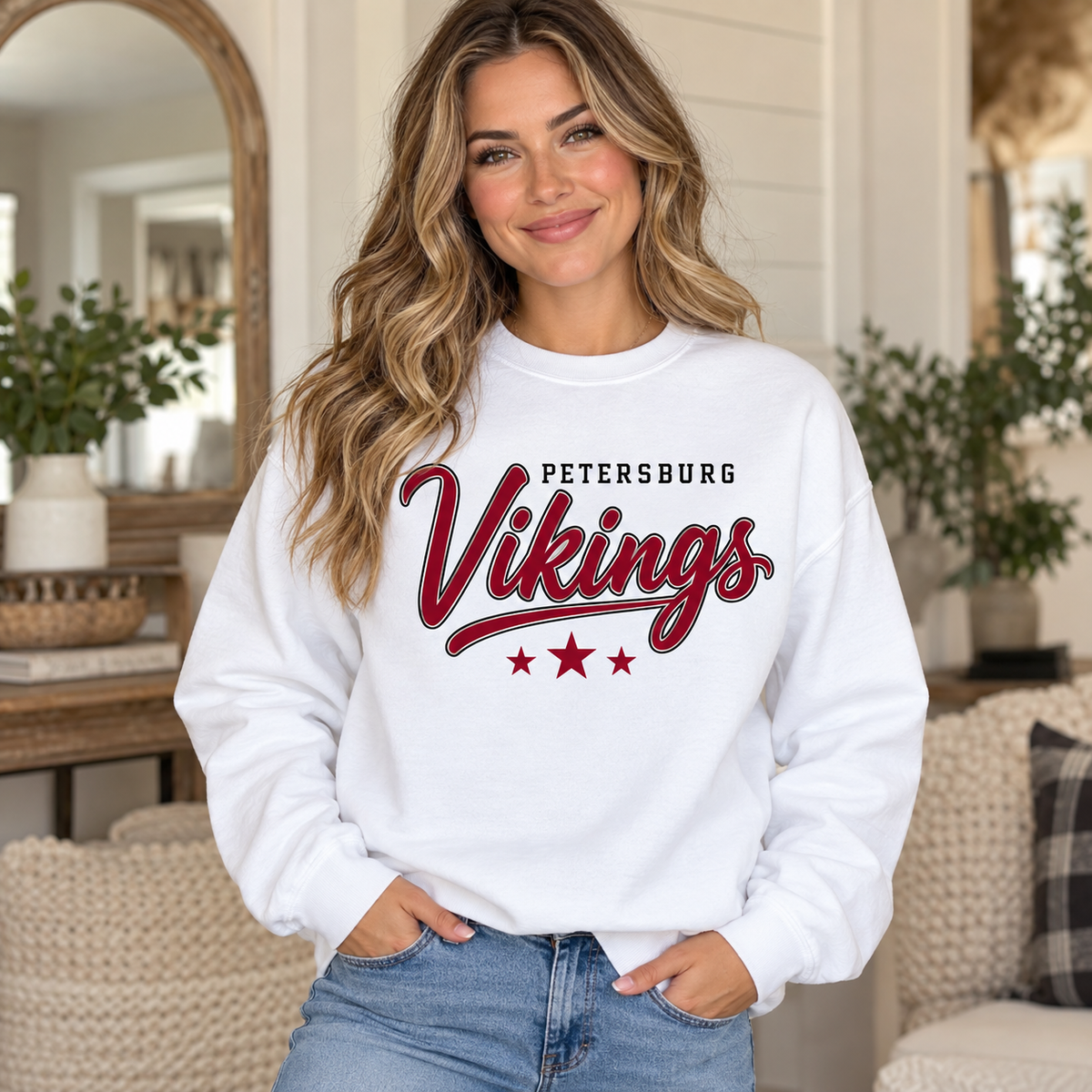 Petersburg Vikings Script Star Crewneck in White on woman model
