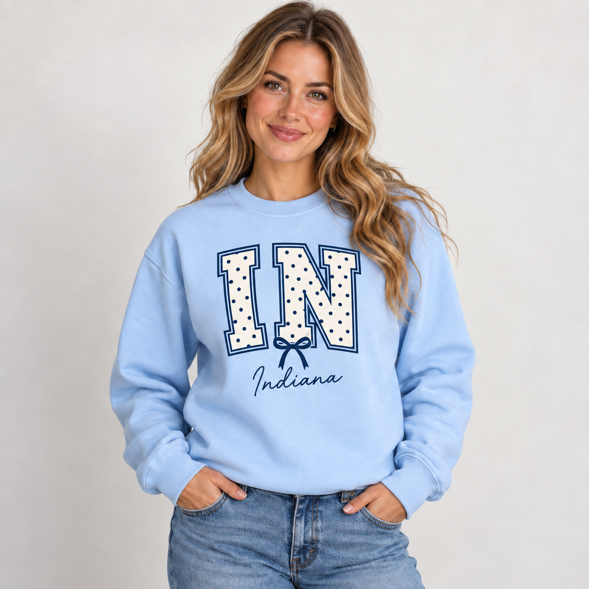 Indiana polka dot varsity design on a light blue crewneck