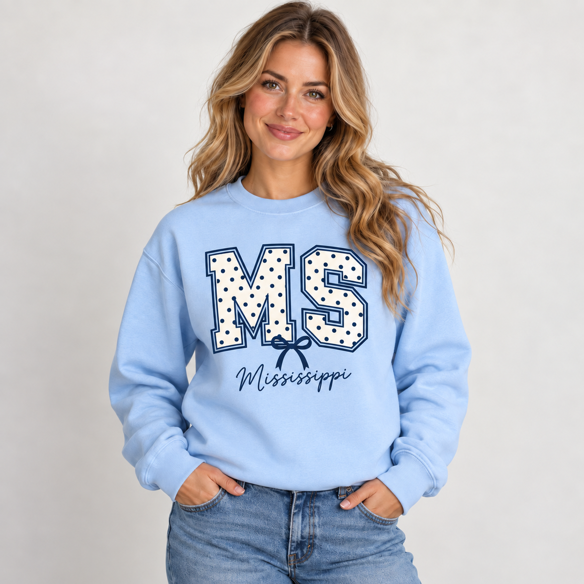 Mississippi polka dot varsity design on a light blue crewneck