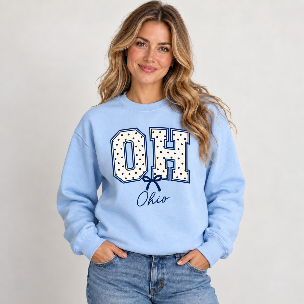 Ohio polka dot varsity design on a light blue crewneck