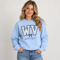 West Virginia polka dot varsity design on a light blue crewneck