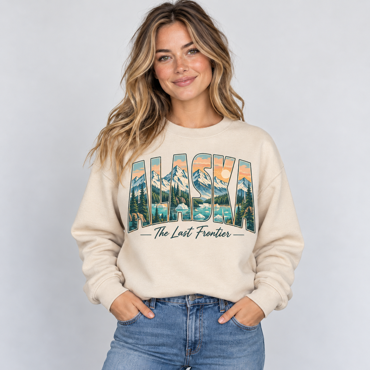 Alaska vintage postcard design on a sand crewneck