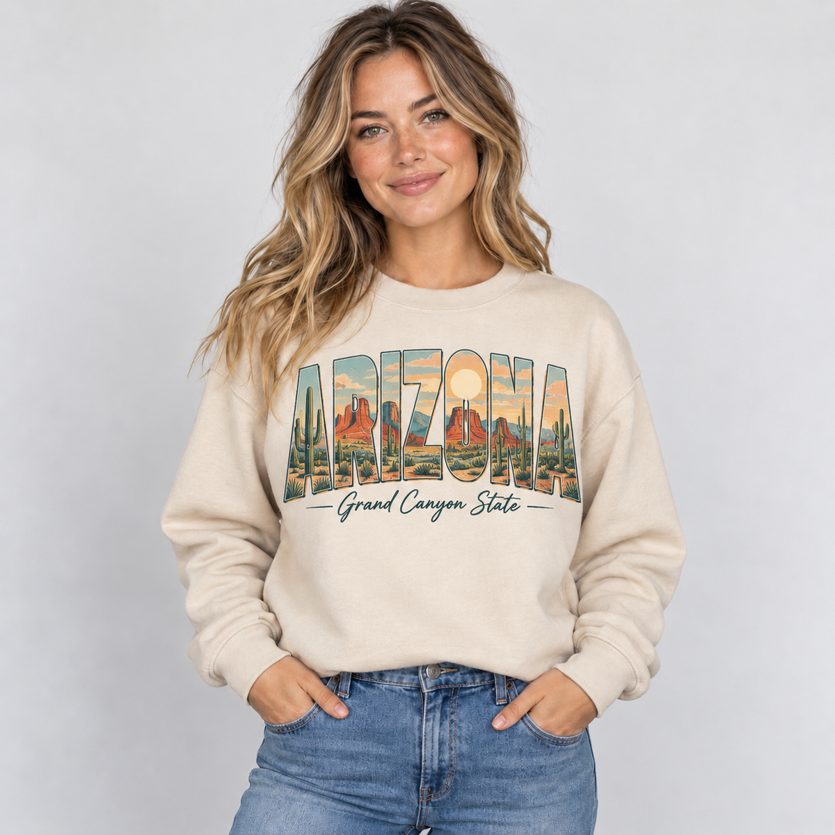 Arizona vintage postcard design on a sand crewneck