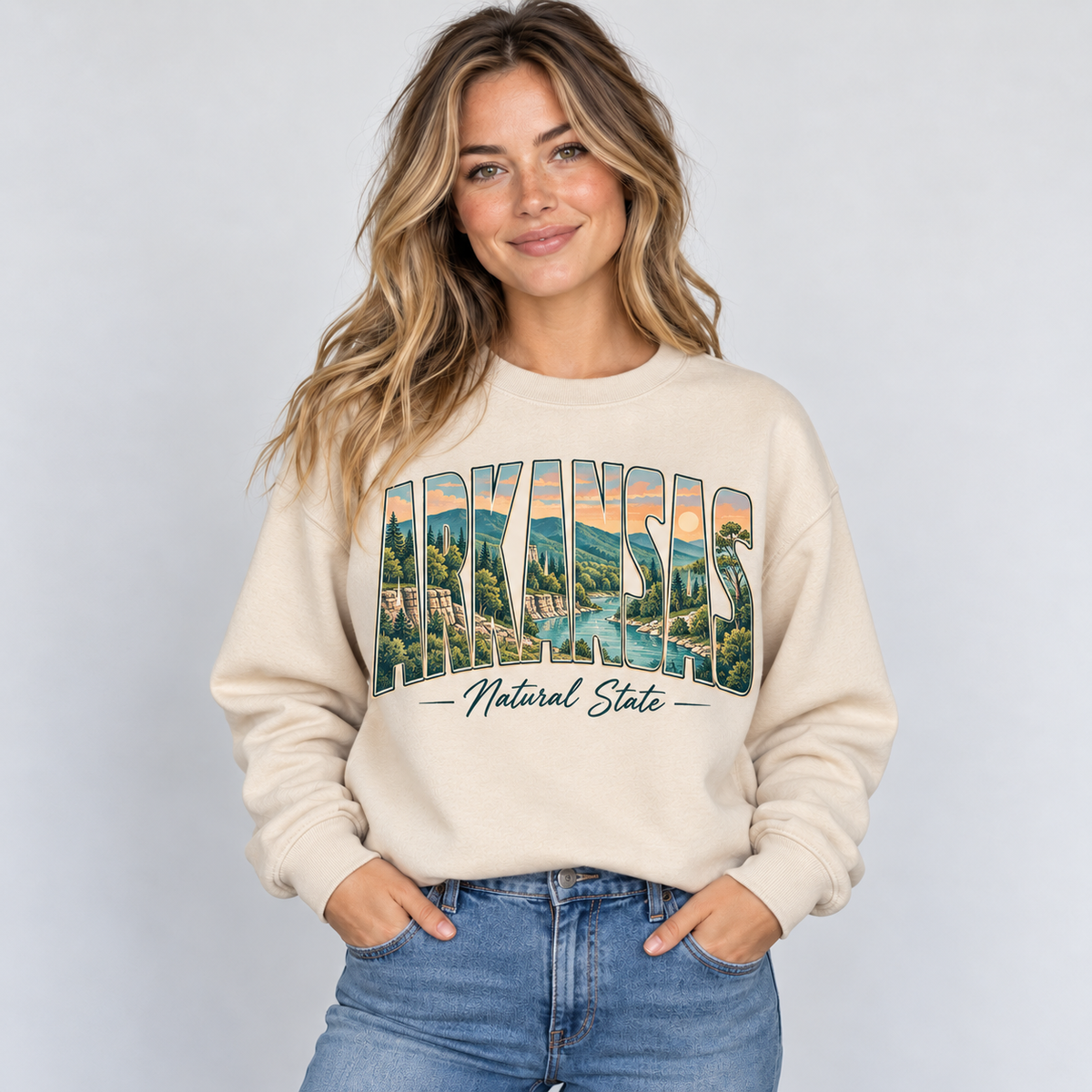 Arkansas vintage postcard design on a sand crewneck