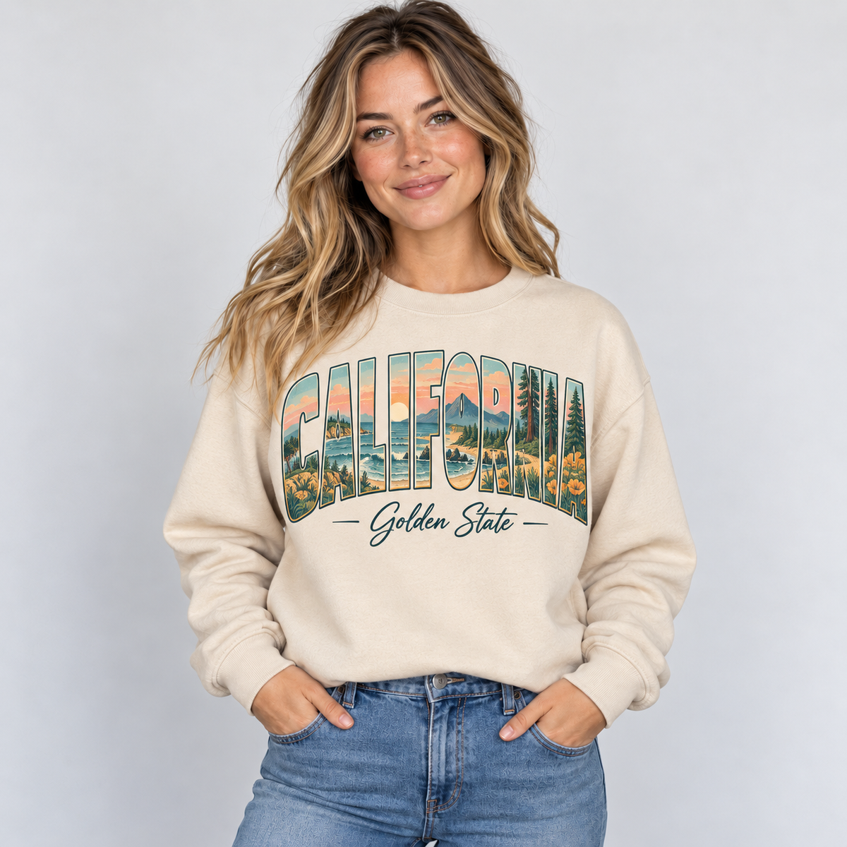 California vintage postcard design on a sand crewneck