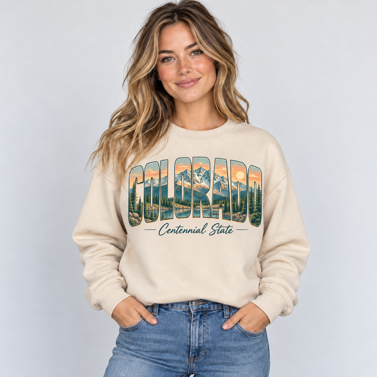 Colorado vintage postcard design on a sand crewneck
