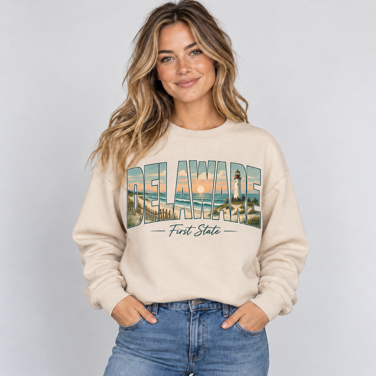 Delaware vintage postcard design on a sand crewneck