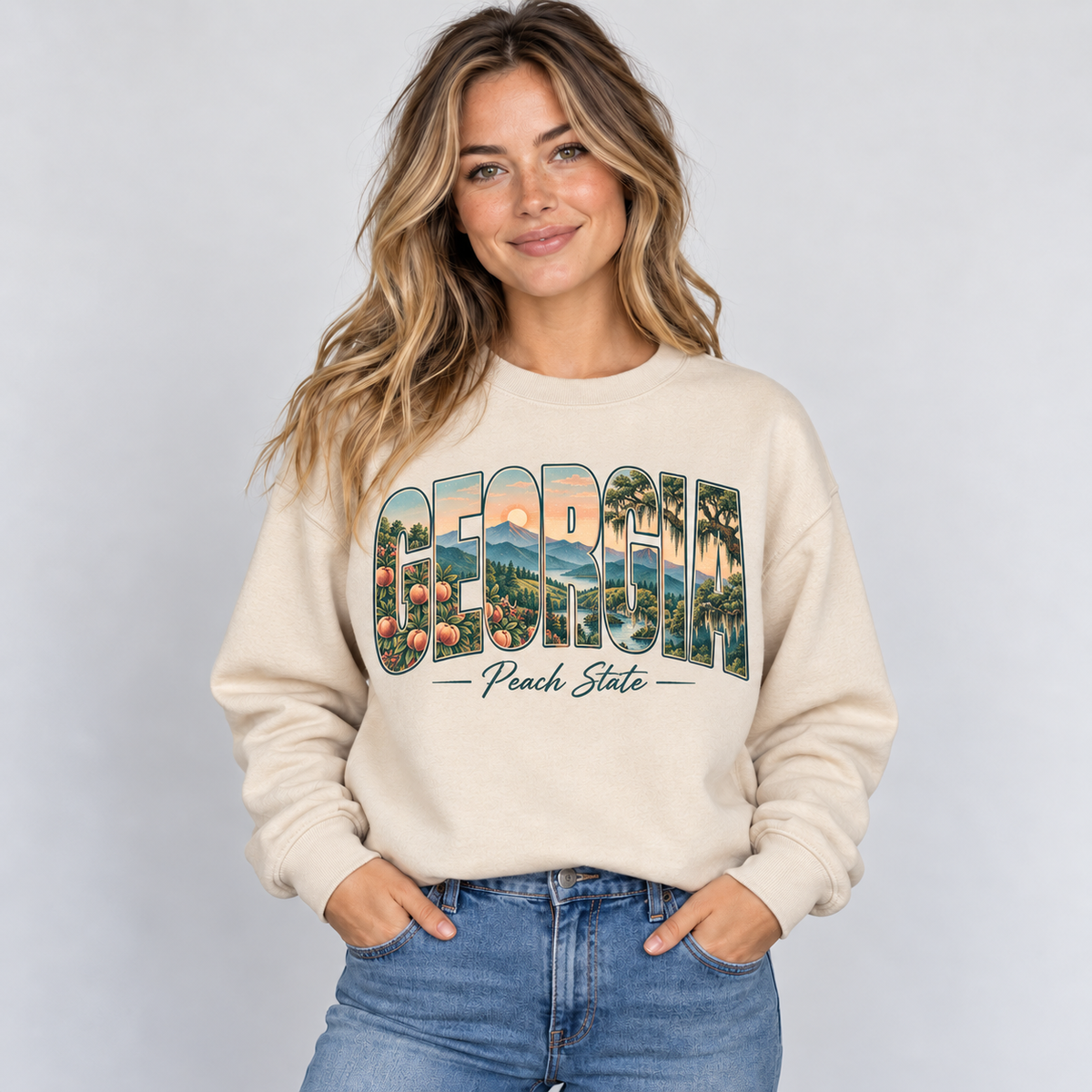 Georgia vintage postcard design on a sand crewneck