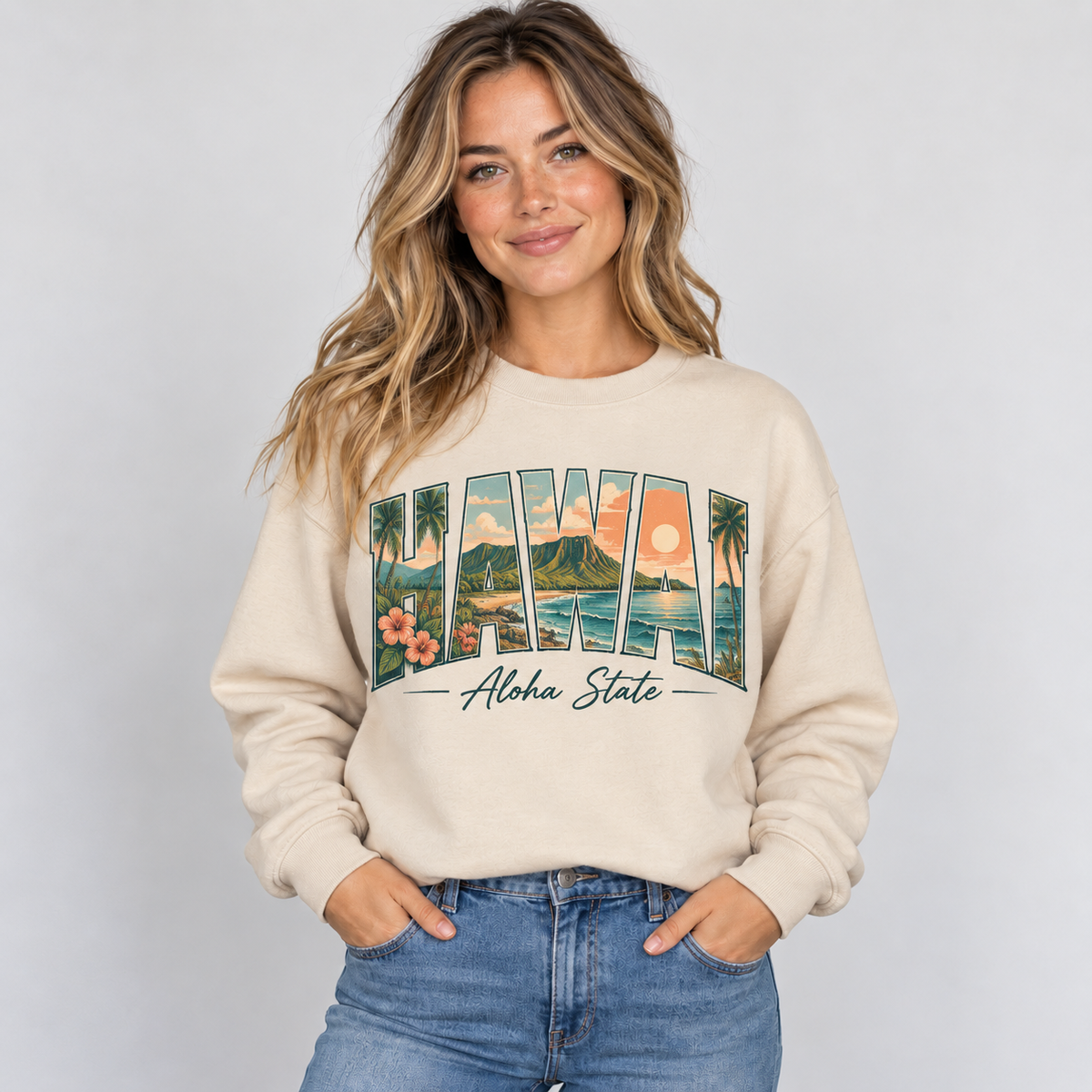 Hawaii vintage postcard design on a sand crewneck