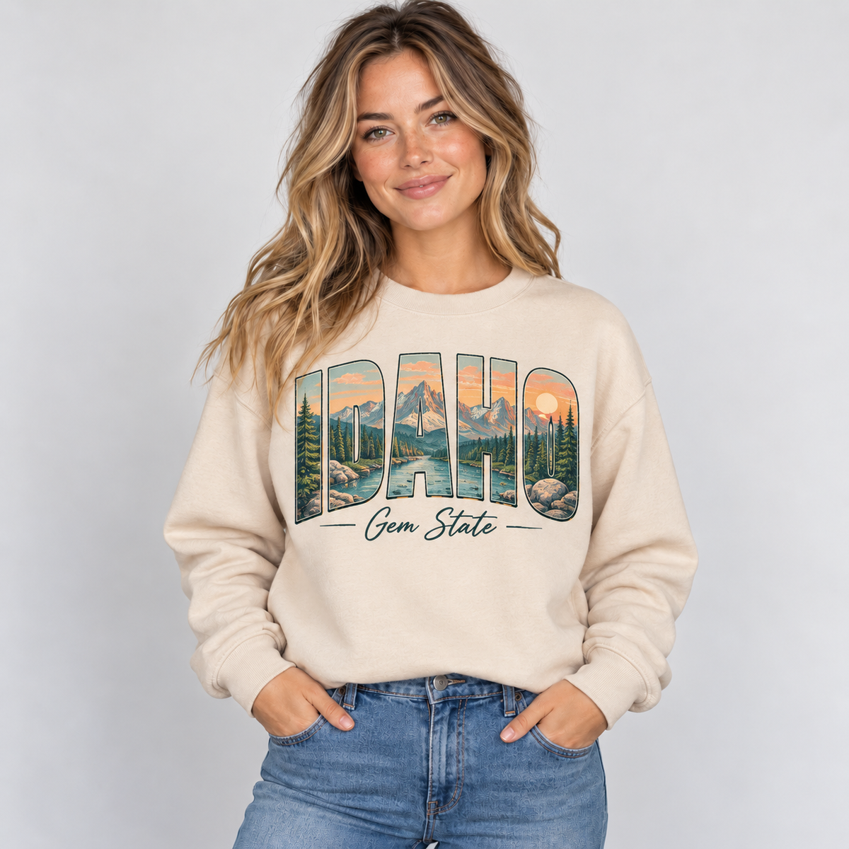 Idaho vintage postcard design on a sand crewneck