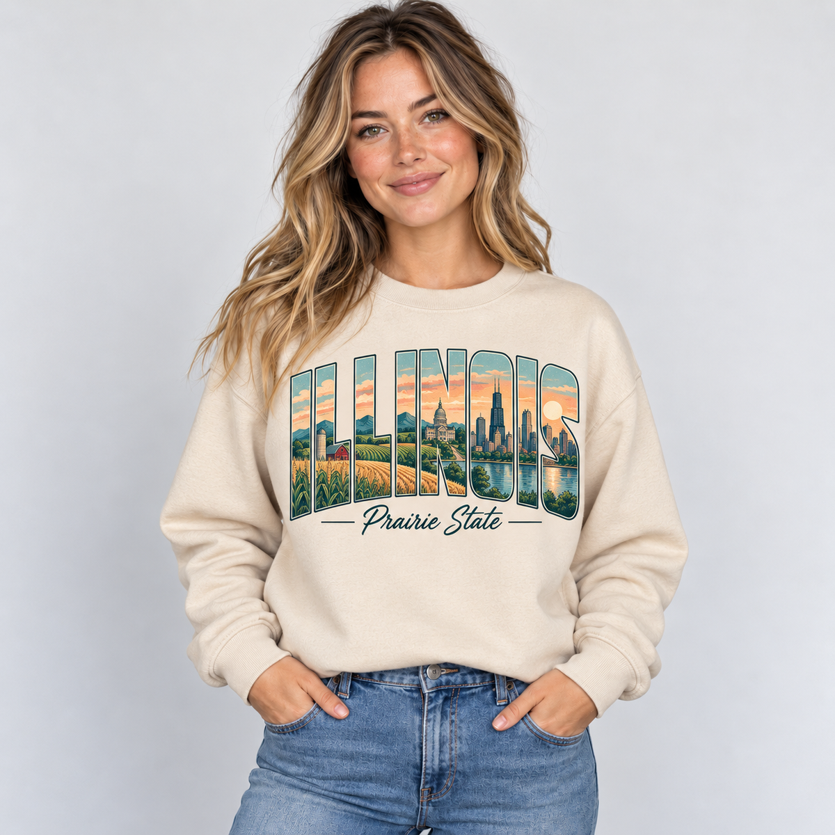Illinois vintage postcard design on a sand crewneck