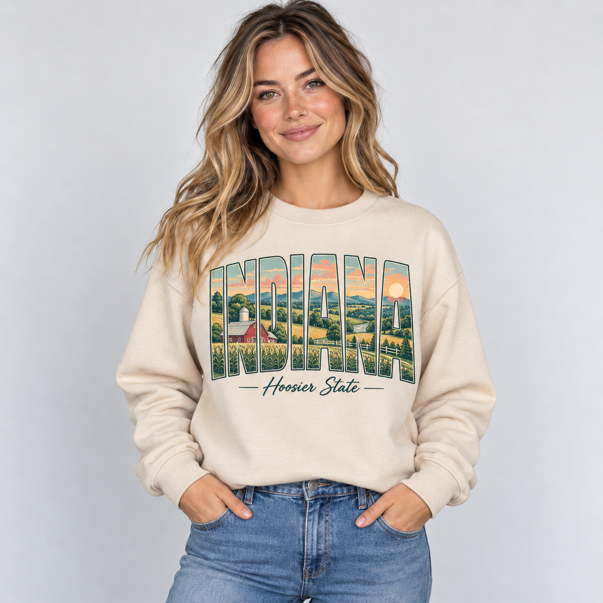 Indiana vintage postcard design on a sand crewneck