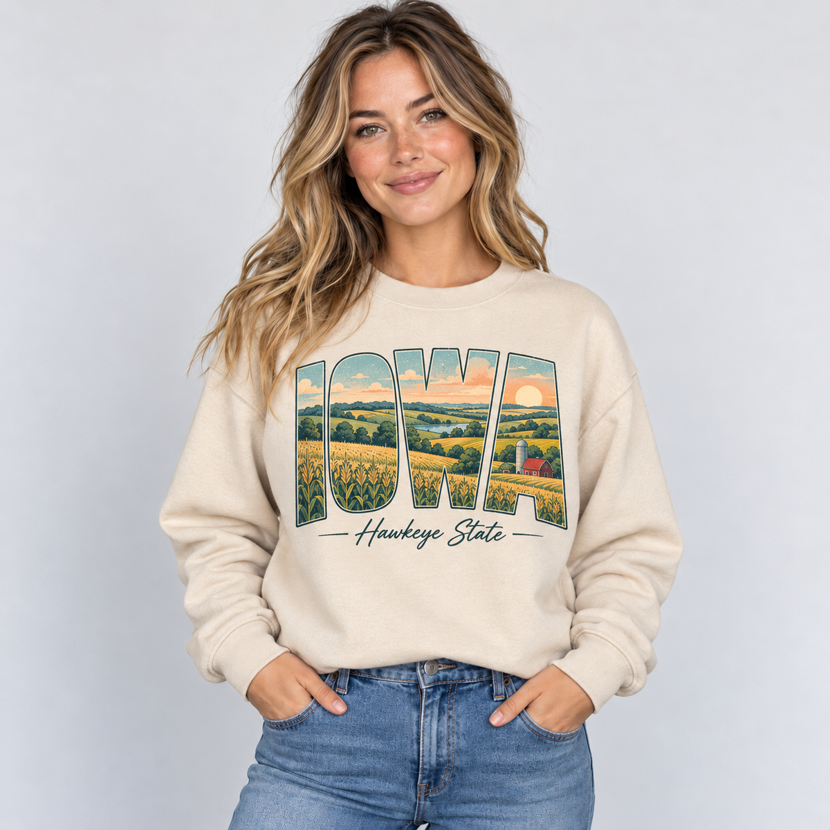 Iowa vintage postcard design on a sand crewneck