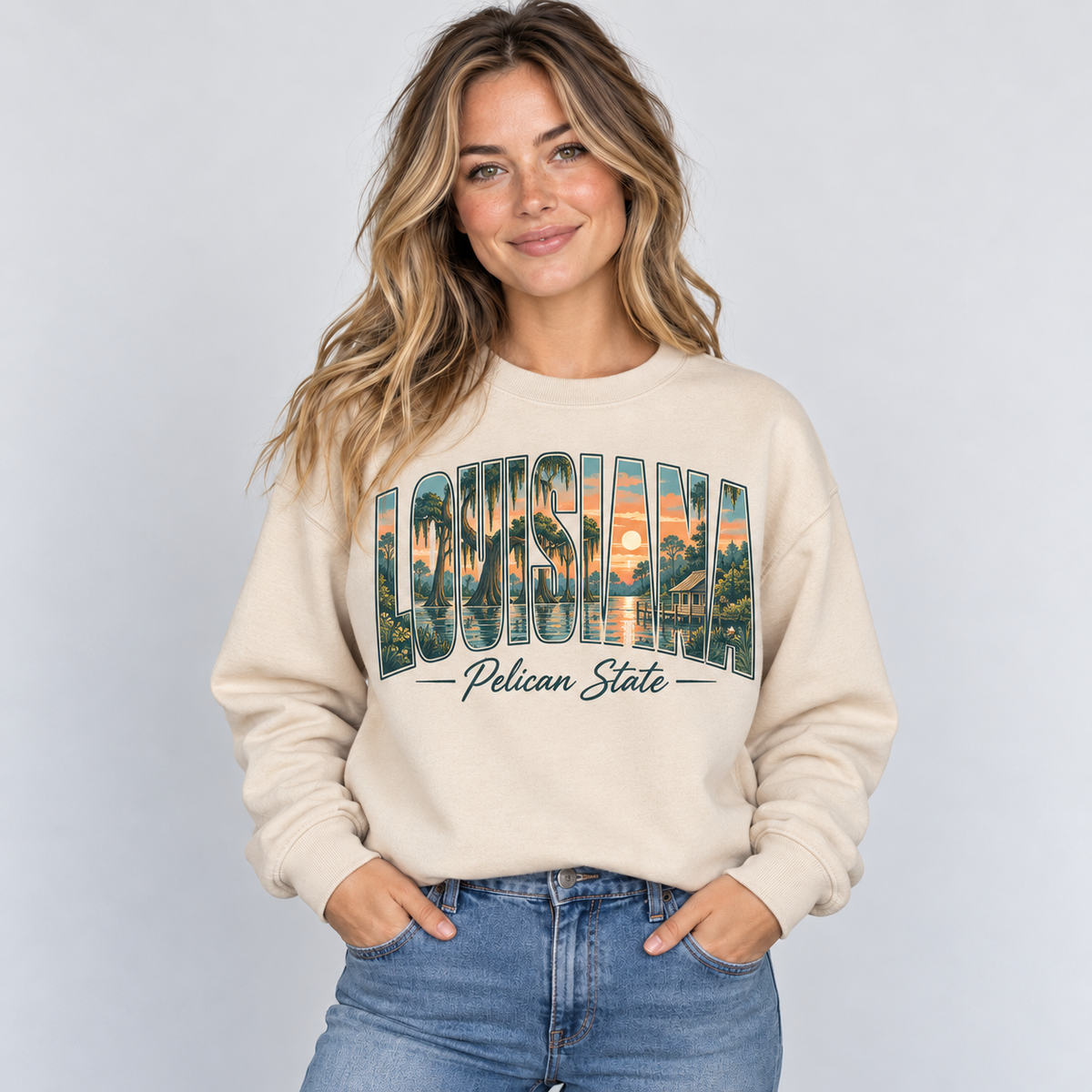 Louisiana vintage postcard design on a sand crewneck