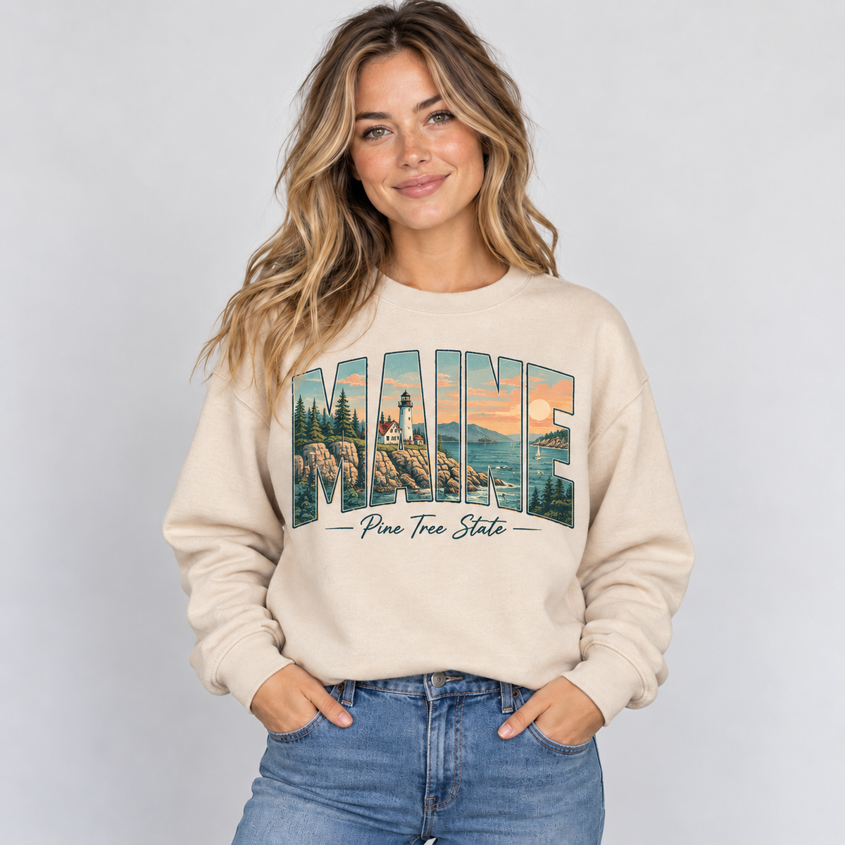 Maine vintage postcard design on a sand crewneck