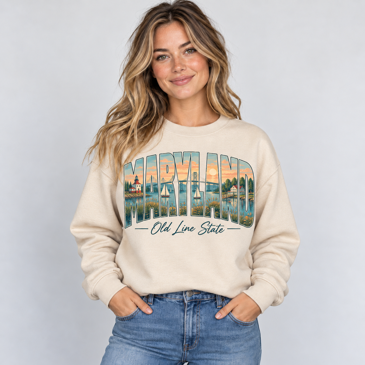 Maryland vintage postcard design on a sand crewneck
