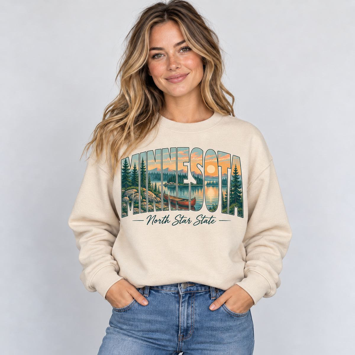 Minnesota vintage postcard design on a sand crewneck