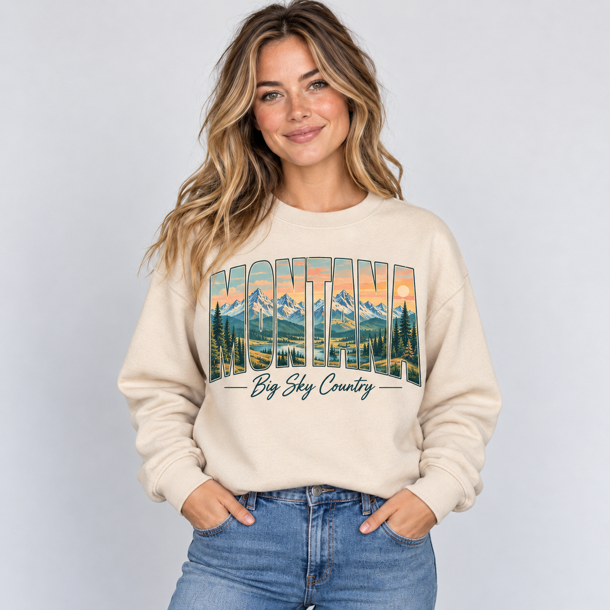 Montana vintage postcard design on a sand crewneck
