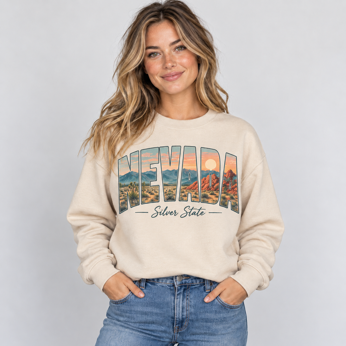 Nevada vintage postcard design on a sand crewneck