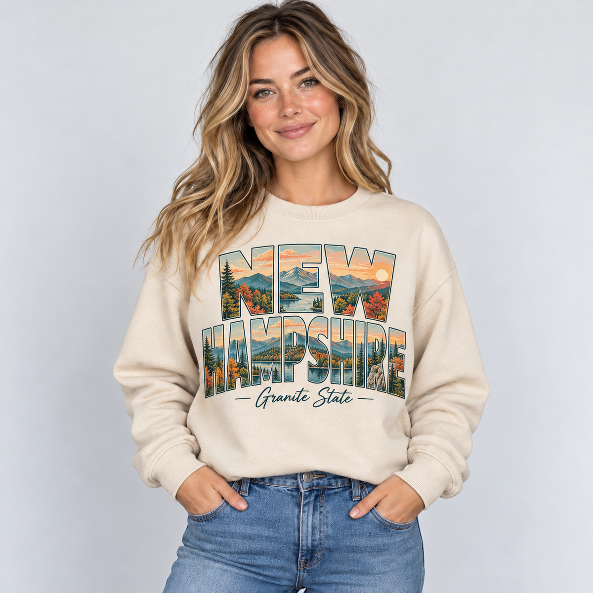 New Hampshire vintage postcard design on a sand crewneck