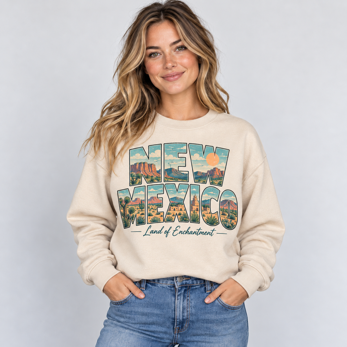 New Mexico vintage postcard design on a sand crewneck
