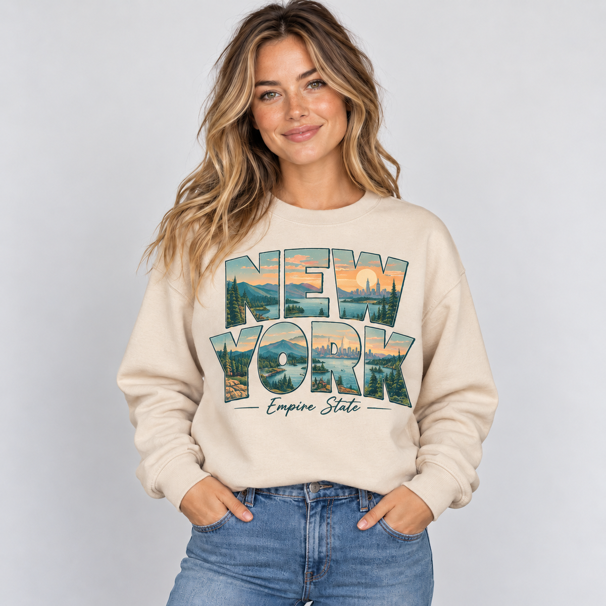 New York vintage postcard design on a sand crewneck