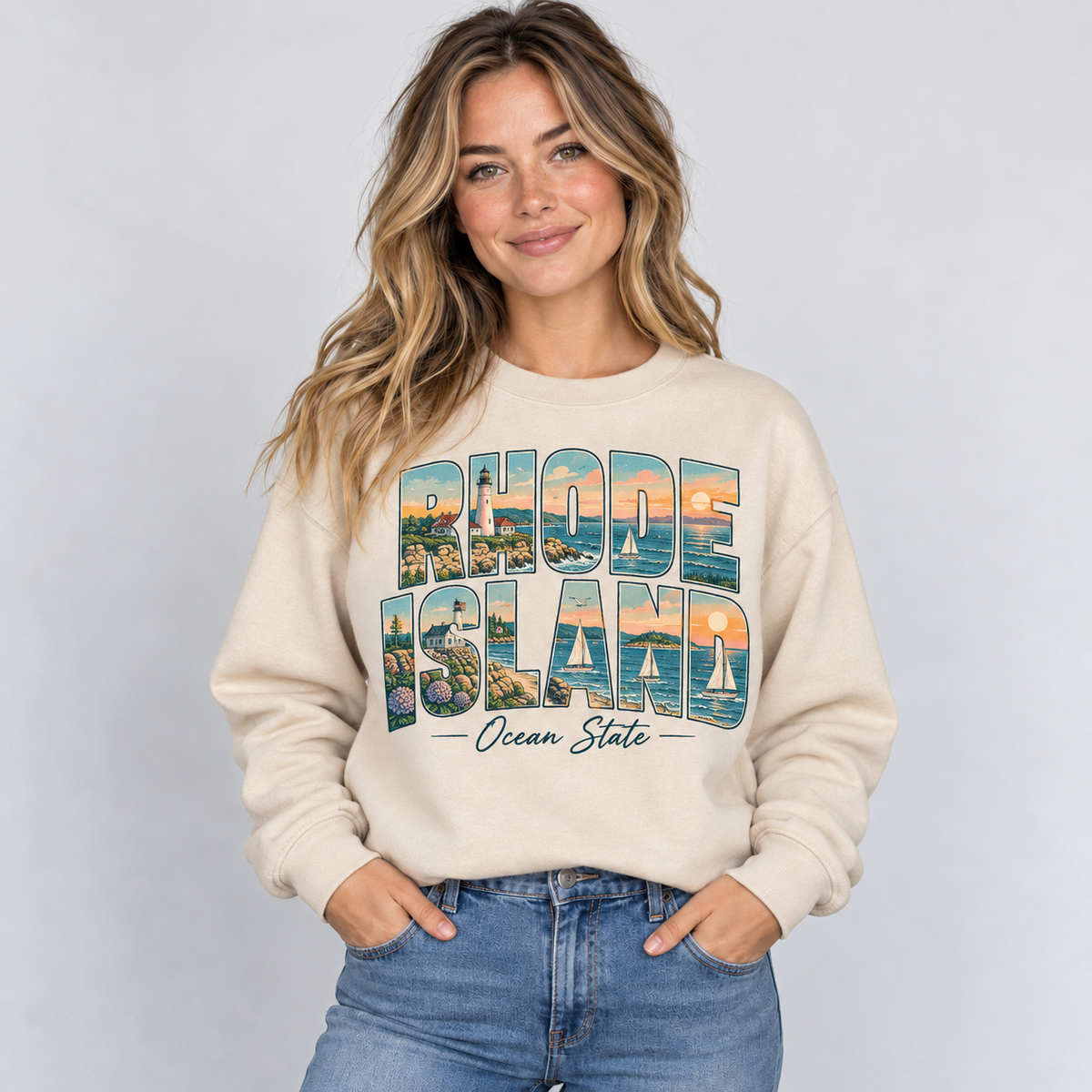 Rhode Island vintage postcard design on a sand crewneck