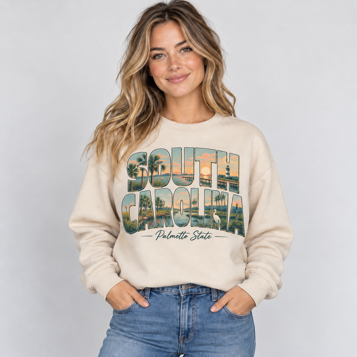 South Carolina vintage postcard design on a sand crewneck