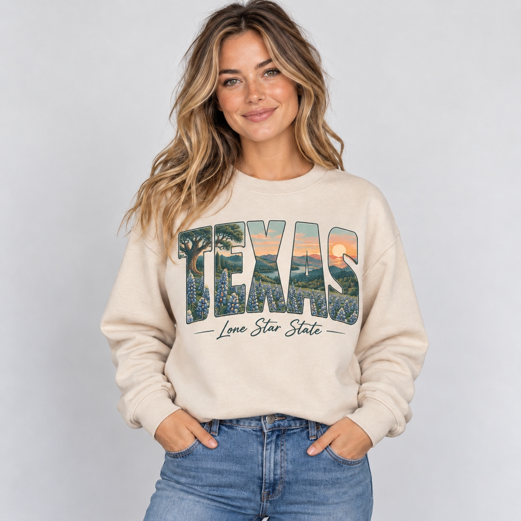 Texas vintage postcard design on a sand crewneck