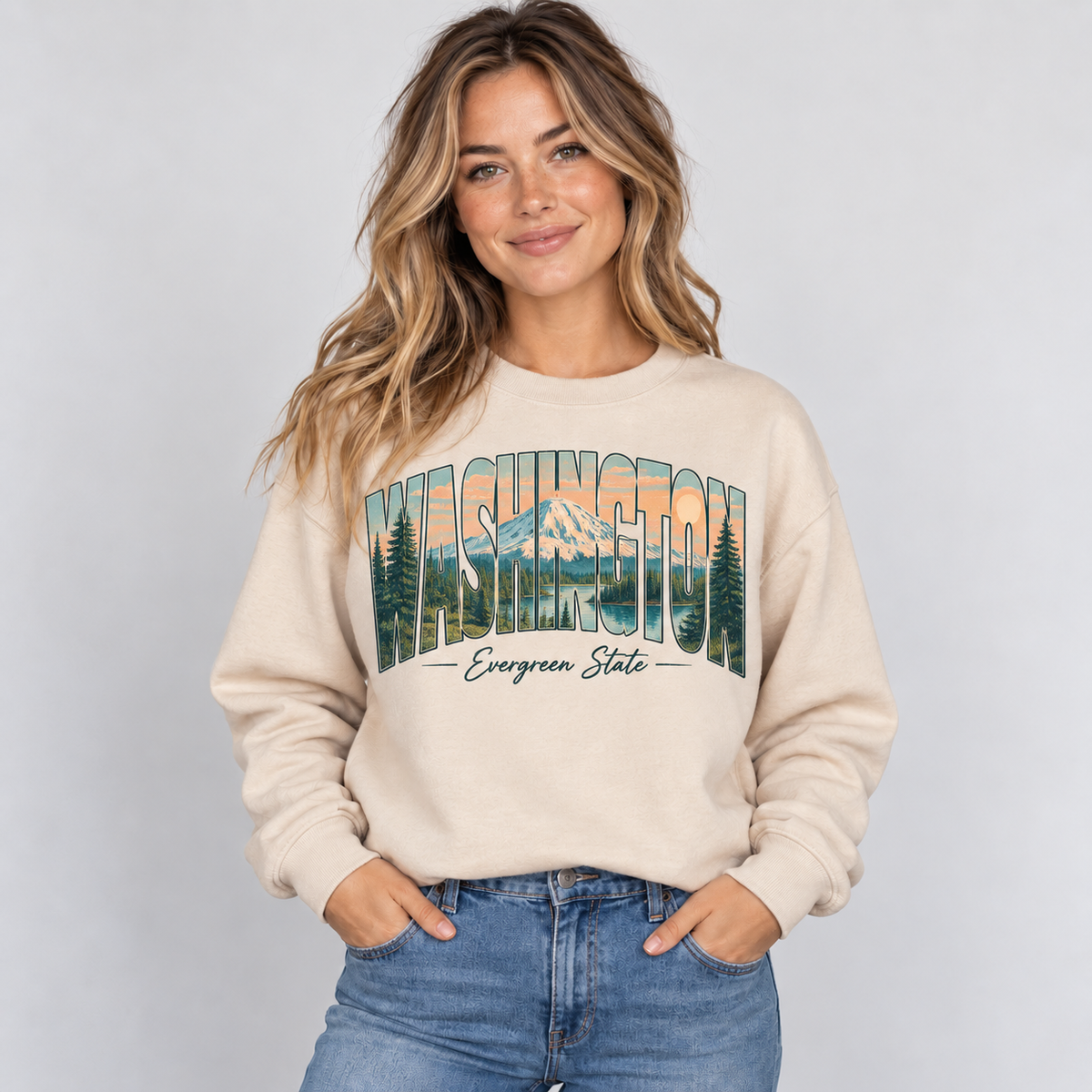 Washington vintage postcard design on a sand crewneck