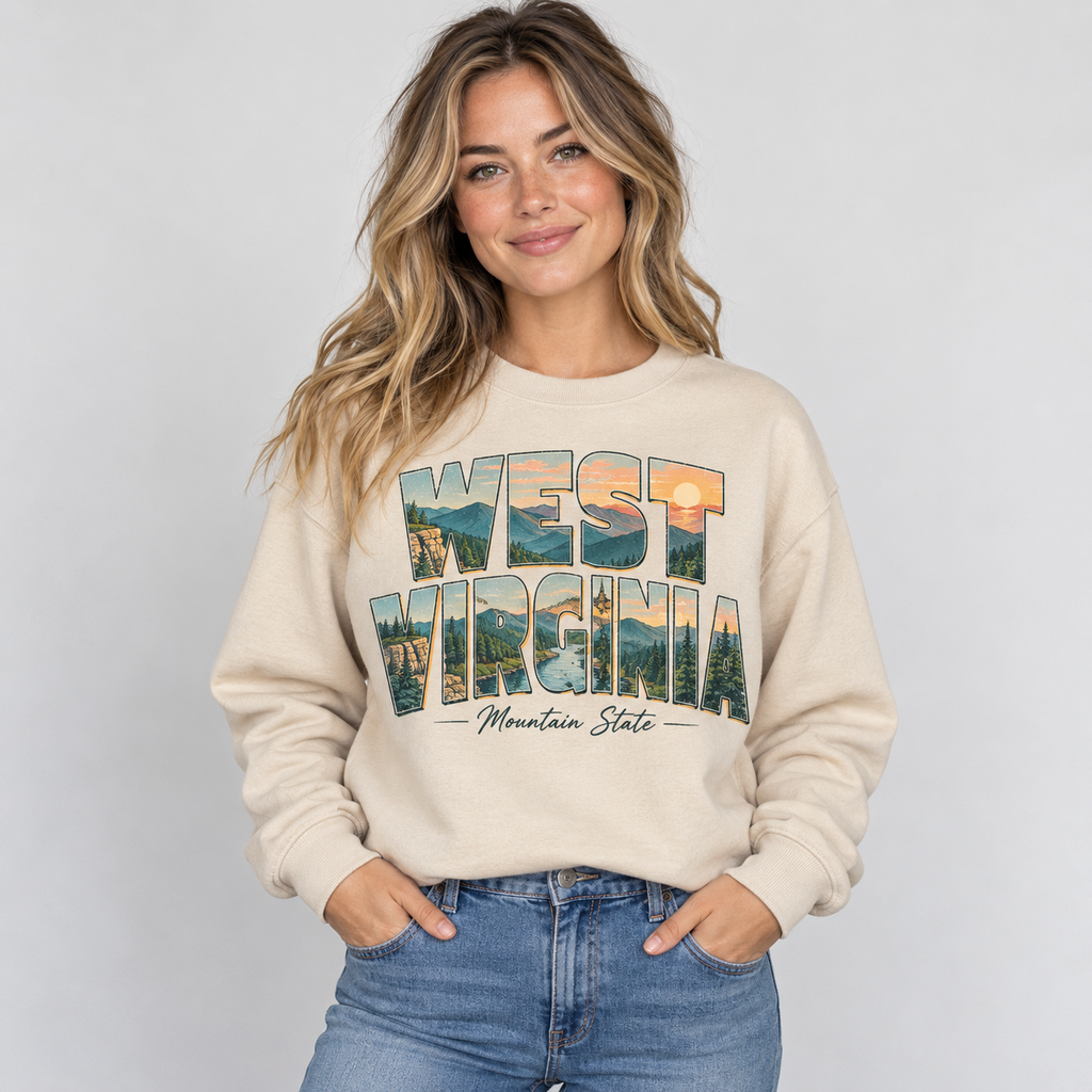 West Virginia vintage postcard design on a sand crewneck