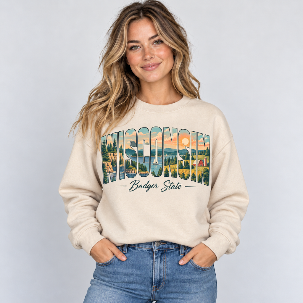 Wisconsin vintage postcard design on a sand crewneck