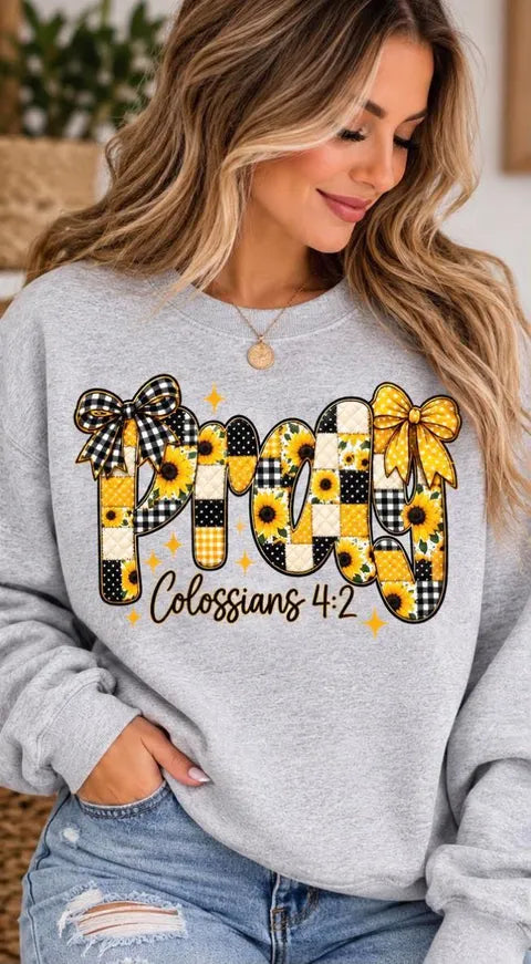 PRAY Colossians 4:2 gray crewneck woman mockup