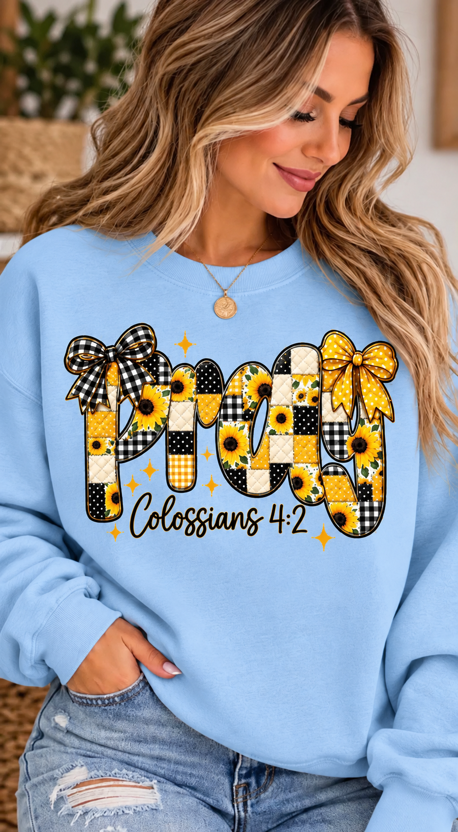 PRAY Colossians 4:2 Crewneck in Light Blue